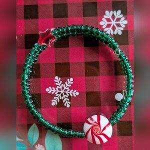 Green Beaded Bracelet with Red Star and Candy Charm